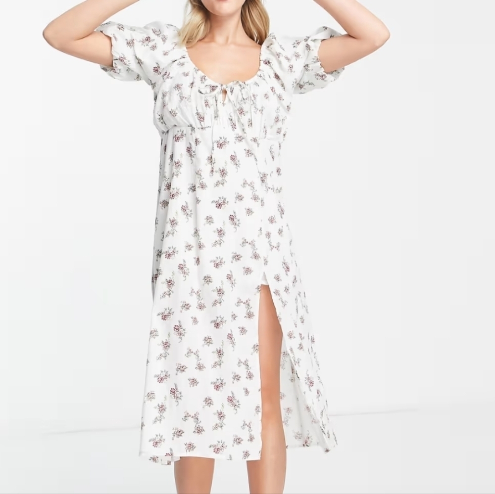 Asos Wednesday's Girl Midi Milkmaid Tea White Floral Dress Size XXS - Picture 3 of 8